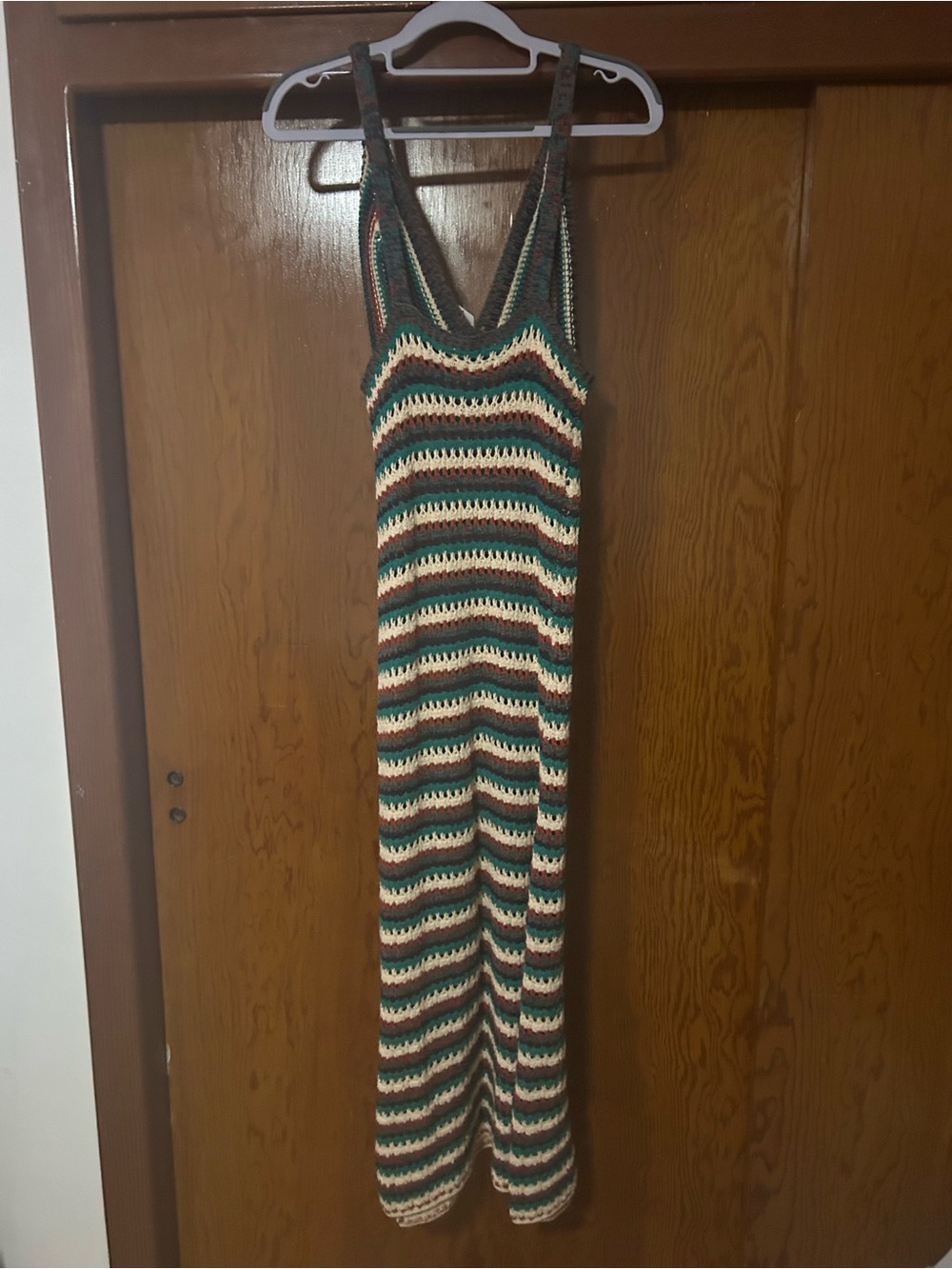 Striped V-Neck Crochet Maxi Dress in Green & Cream